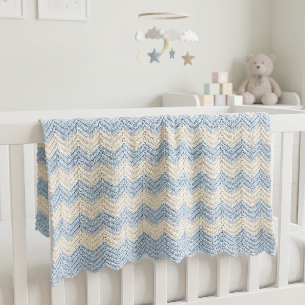 Handmade Baby Blanket Afgan hand knit chevron pattern blue & white 35" x 35"